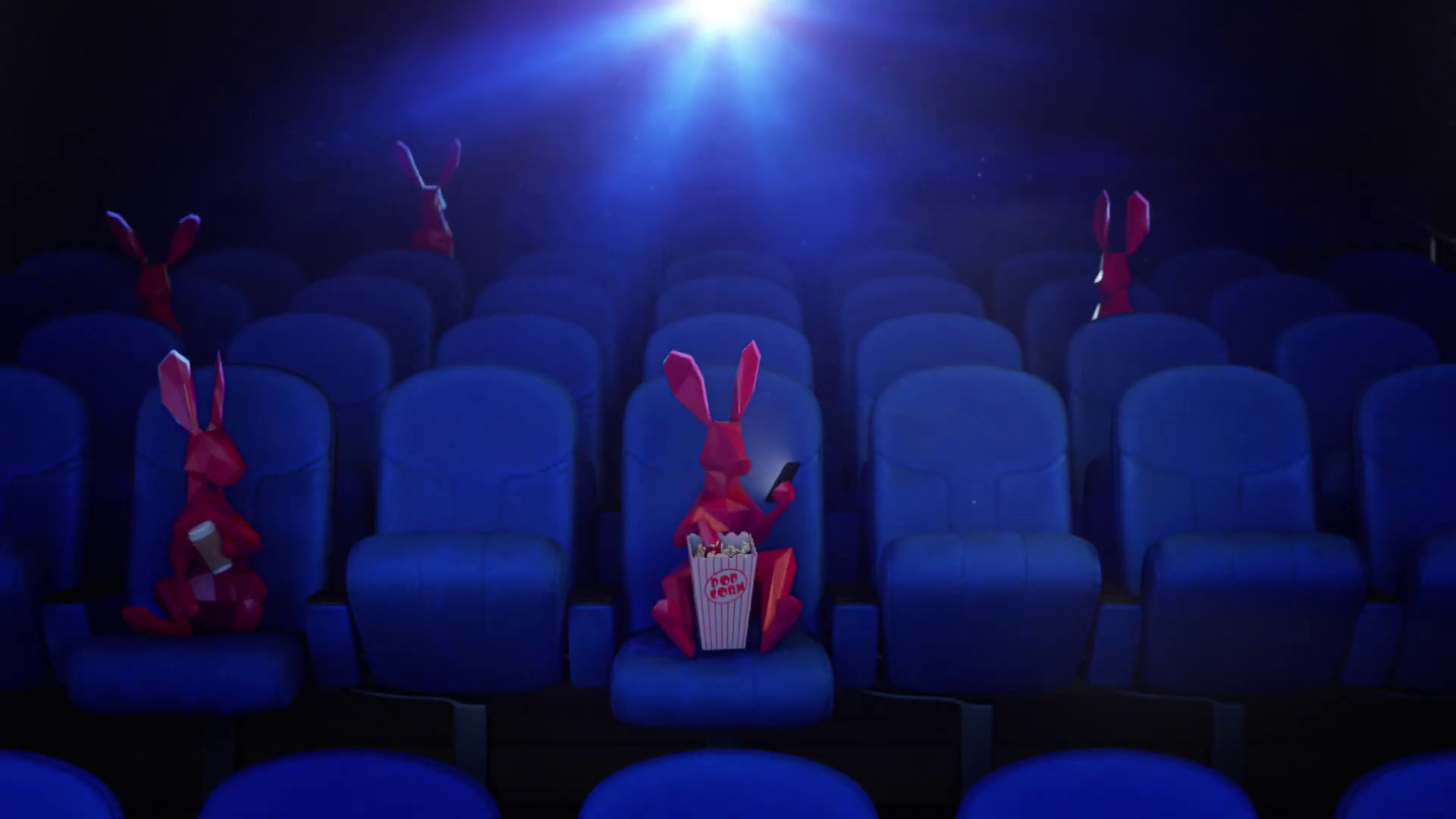 Greater Anglia Book from Anywhere advert with red rabbits in a cinema