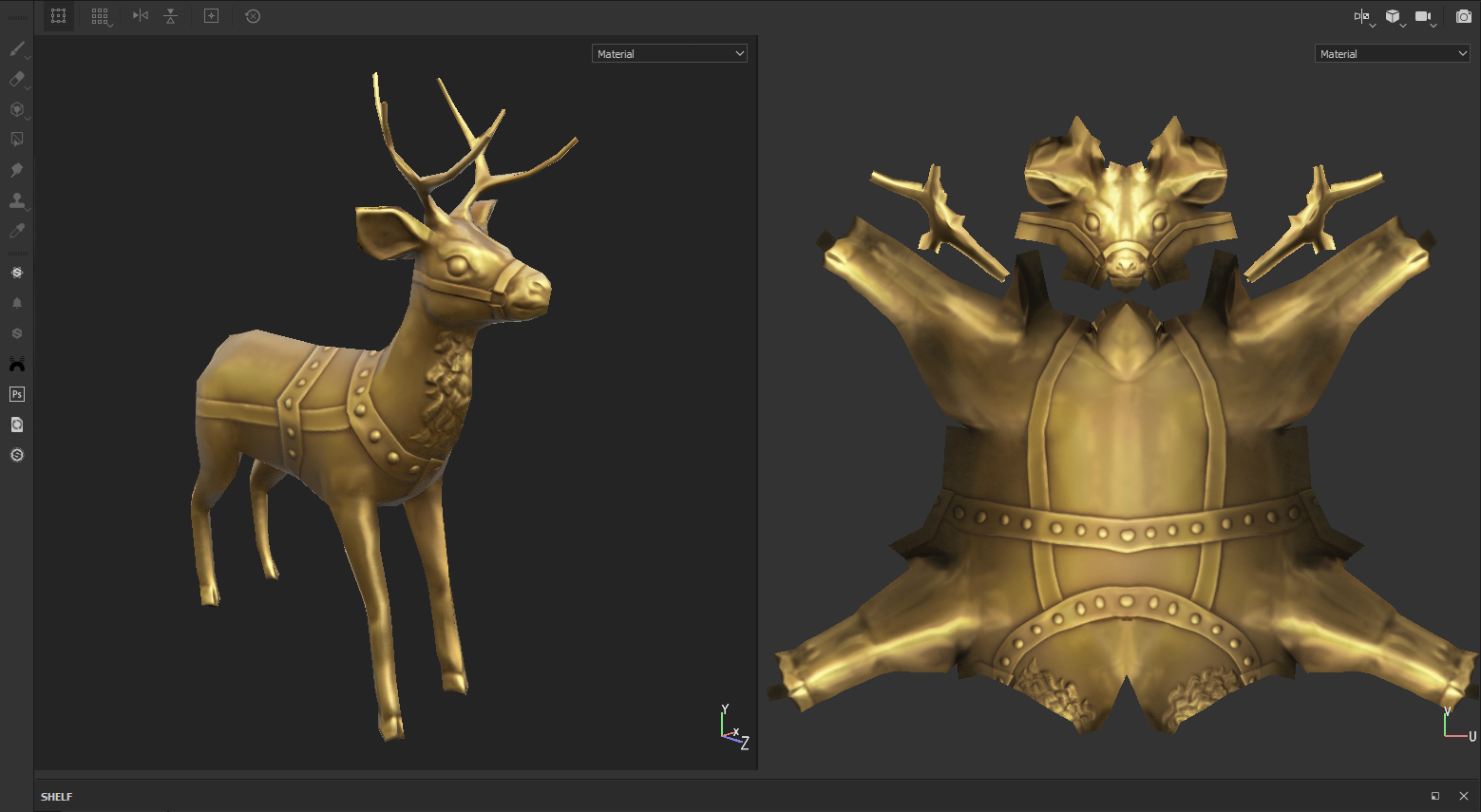 Stylized MatCap-like gold applied to a reindeer and unwrapped Santa coat